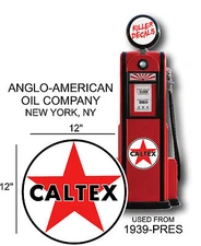 12" 1939-PRES CALTEX TEXACO GASOLINE VINYL DECAL OIL CAN / GAS PUMP / LUBSTER