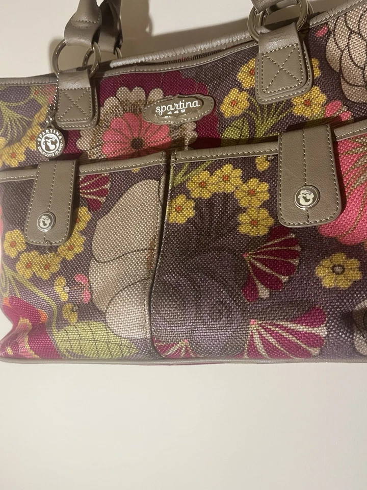 Spartina 449 Daufuskie Island Floral Handbag Tote Natural Linen Leather Trim - Image 3 of 4