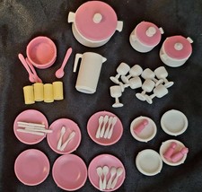 50pc Vintage 1980s Barbie Kitchen Cookware, Utensils, Plates Cups Pink and White