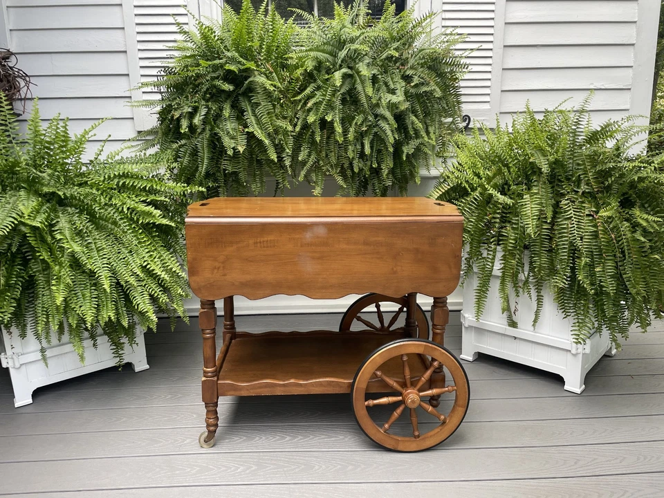 VTG ETHAN ALLEN MAPLE ROLLING TEA CART DROP LEAF SIDE END COFFEE TABLE W/ SHELF - Image 3 of 4