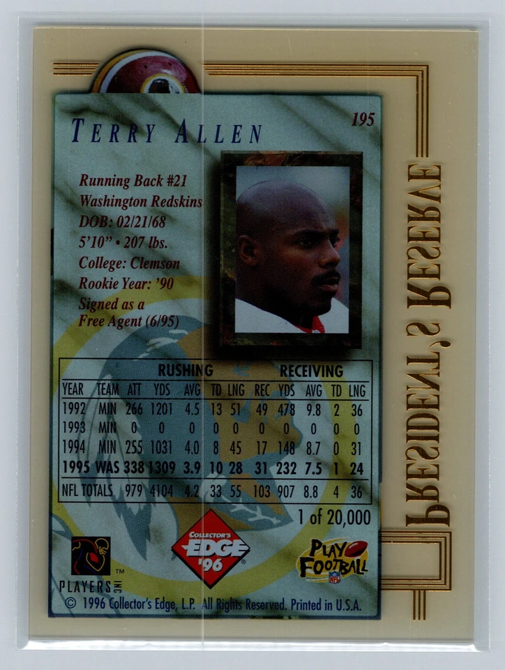 Terry Allen 1996 Collector's Edge President's Reserve #195 Washington Redskins - Image 2 of 2