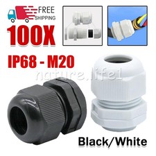 100x 20mm Black/White Waterproof IP68 Compression Cable Stuffing Gland & Locknut