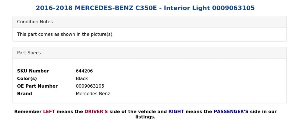 2016-2018 MERCEDES-BENZ C350E - Interior Light 0009063105 - Image 4 of 4