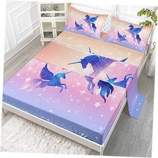 Bedding Fitted Sheet and Flat Sheet Set Twin 67x97 inches Starry Sky Unicorn