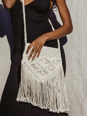 Macrame Fringe Crossbody Handbag Ivory Crochet Bohemian Festival Hippie 70s