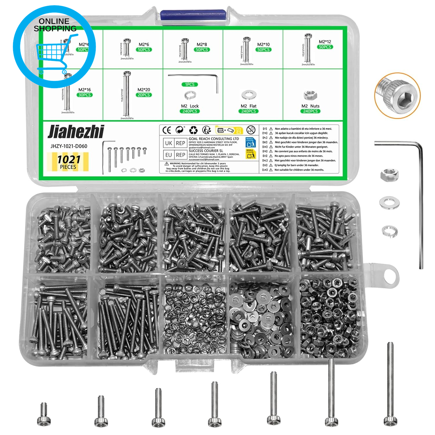 1021 Pcs Stainless Steel M2 Nuts and Bolts Set, Hex Socket Head Cap Screws with