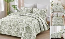 Botanical Quilt Set 3 Pieces Toile Floral Plants Printed King Sage Green