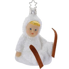 Inge Glas Lets Go Skiing Snow Kinder German Glass Christmas Ornament FREE BOX