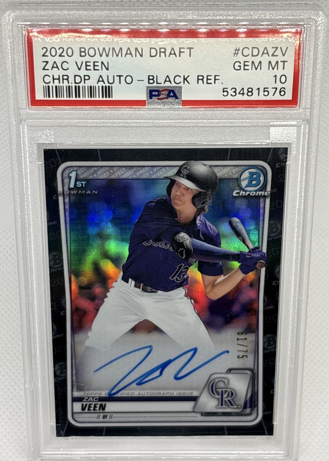 2020 Bowman Chrome Draft Zac Veen Auto Black Refractor /75 Gem Mt 10