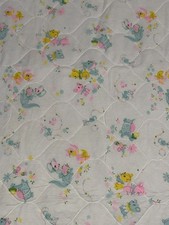 Vtg 1980s Baby Blanket White Quilted Design Satin Edge Pastel Bunnies 48x32