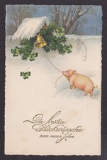 GERMANY 1928, Vintage postcard, Pigs, New Year, Posted from Czechoslovakia