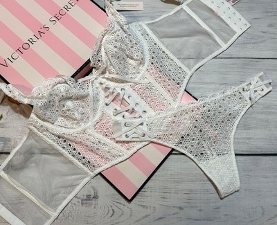 Victoria's Secret Ösen-Spitzen Unverfüttertes Bustier Corsage String-Set Weiß