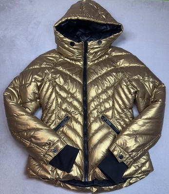 GUESS Women's Small Metallic Gold Quilted Hooded Puffer Coat Water Resistant