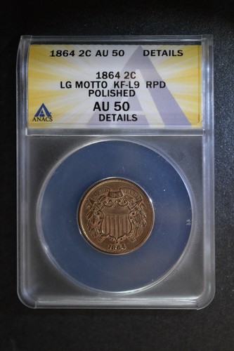 1864 RPD Repunched Date Two Cent Piece AU 50 Det. Graded by ANACS Civil War Coin - Picture 3 of 7
