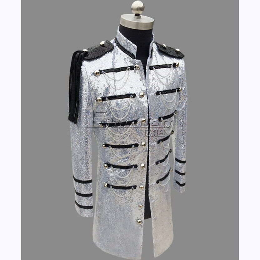 Giacca da uomo con paillettes, un bottone, blazer, nightclub, cantanti, abito da palcoscenico, Argento, S
