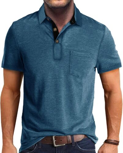 Men's Casual Polo Shirt Short Sleeve Cotton Golf Top Soft Breathable Solid Color - Picture 28 of 33