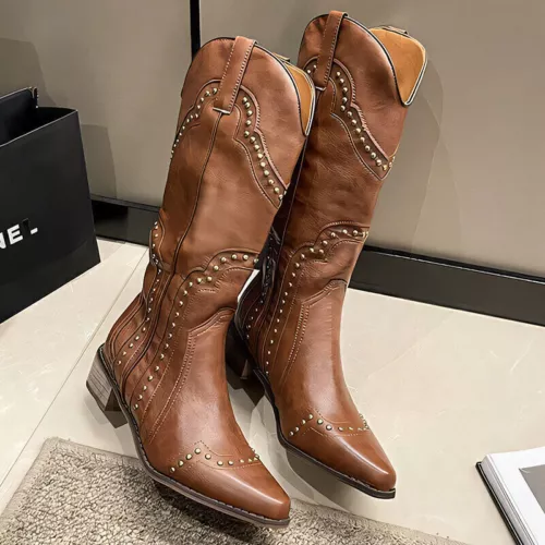 Women's Ladies Cowboy Western Toe Block Heel Boots Size Studded Mid Calf Pointed - Picture 19 of 28