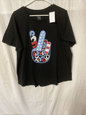 Mighty Fine Clothing Women's 1X Black T-shirt Peace Sign Love Freedom USA New