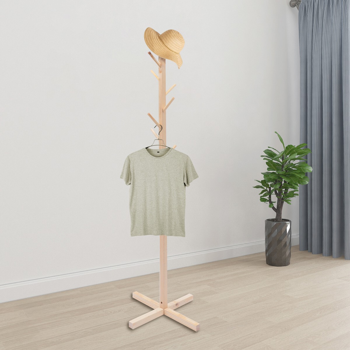 Natural Wood Coat Hat Rack Stand Clothes Hanger Hall Tree Heavy