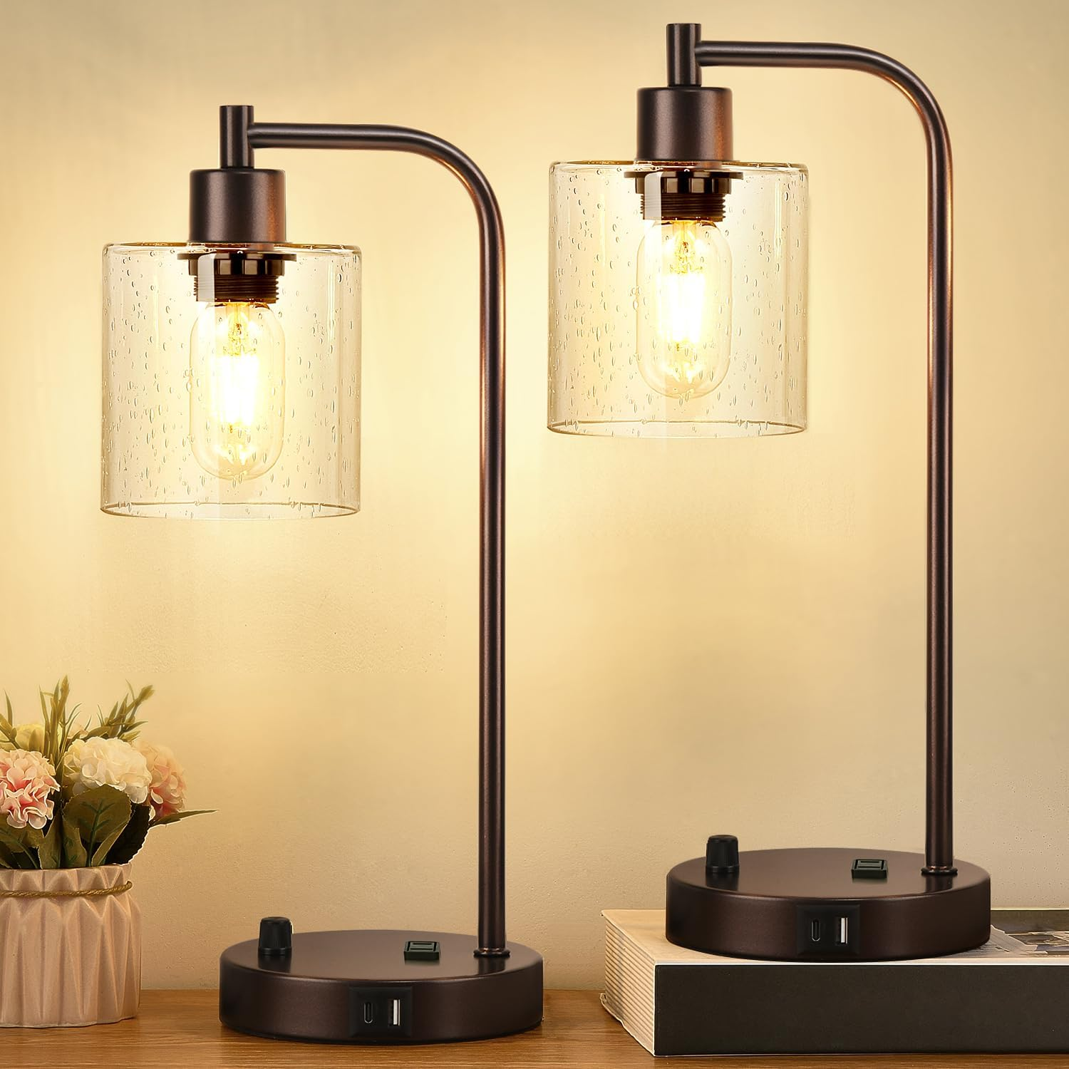 Set of 2 Oil Rubbed Bronze Table Lamps with 2 USB Port, Fully Stepless Dimmable