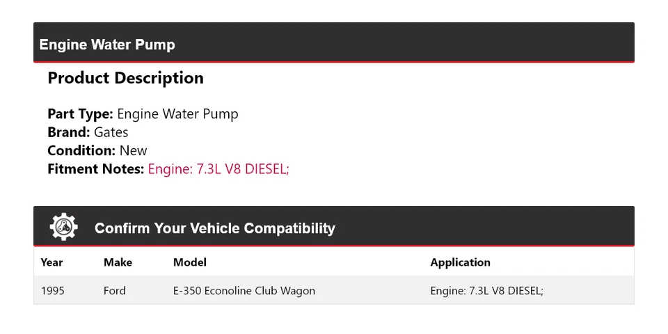 Portões de bomba de água motor diesel Ford E-350 Econoline Club Wagon 7.3L V8 1995 - Imagem 2 de 4