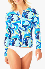 TOMMY BAHAMA Swirl Tide LS full zip rash guard Azure Blue women LARGE UPF50 NWOT