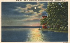 Vintage Postcard 1944 Miller Bell Tower In Moonlight At Chautauqua Inst. NY