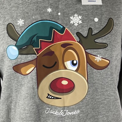 Jack & Jones Sweatshirt Size L Gray Christmas Reindeer Elf Hat Long Sleeves