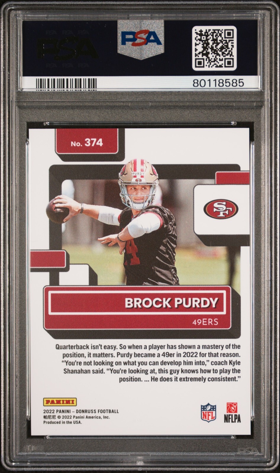 2022 Panini Donruss PRESS PROOF PREMIUM GOLD BROCK PURDY RC 49ERS #374 PSA 10 view 2