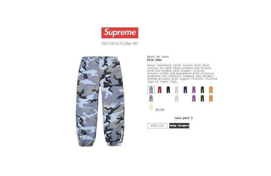 Supreme Warm Up Pant (Blue Camo) Size L Large SOLD OUT - SS18 - WEEK 13