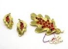 Vtg. Signed "J.J." Leaf Red Rhinestone Brooch Earrings Costume Jewelry Set - 06