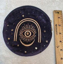 Navy Blue Coin Wallet Embroidered Eye & Star Accents Zipper Velvet Mystical
