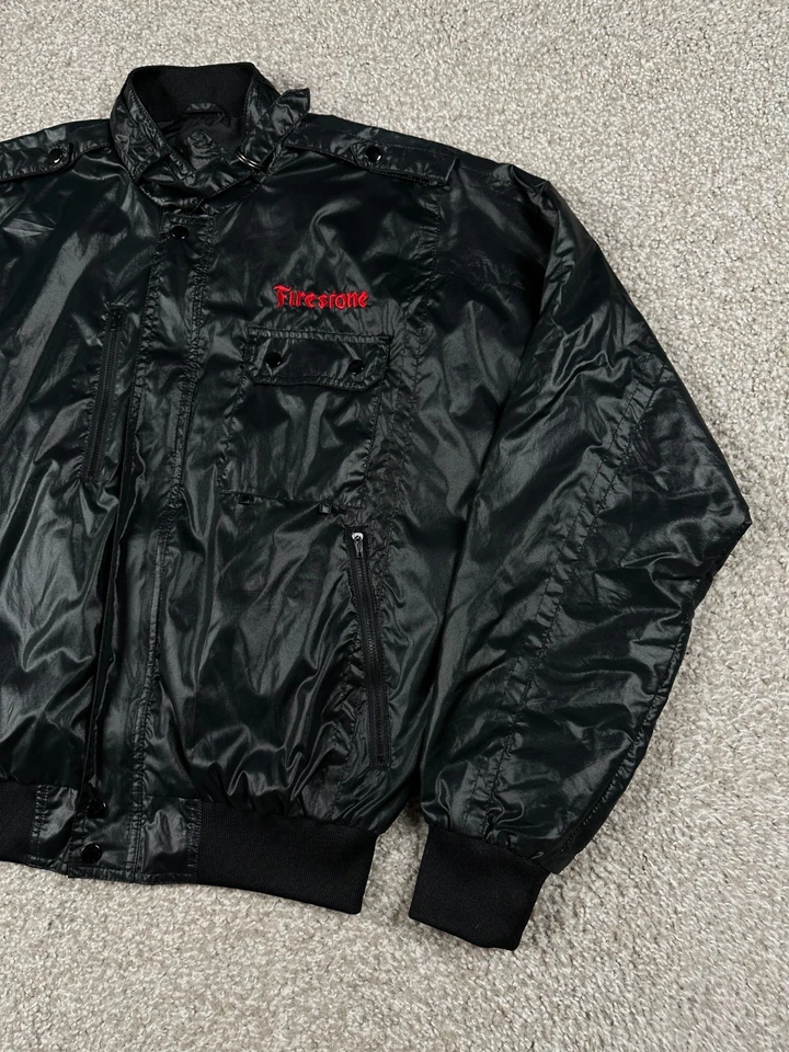 Chaqueta De Colección Firestone Para Hombre Mediana Negra Cremallera Completa Bombardero Ligera Carreras Años 80 Foto 4 de 4