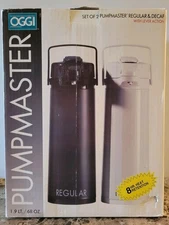 OGGI Pumpmaster Set Black & White Carafes Thermal Vacuum Reg. & Decaf 1.9 Liter 