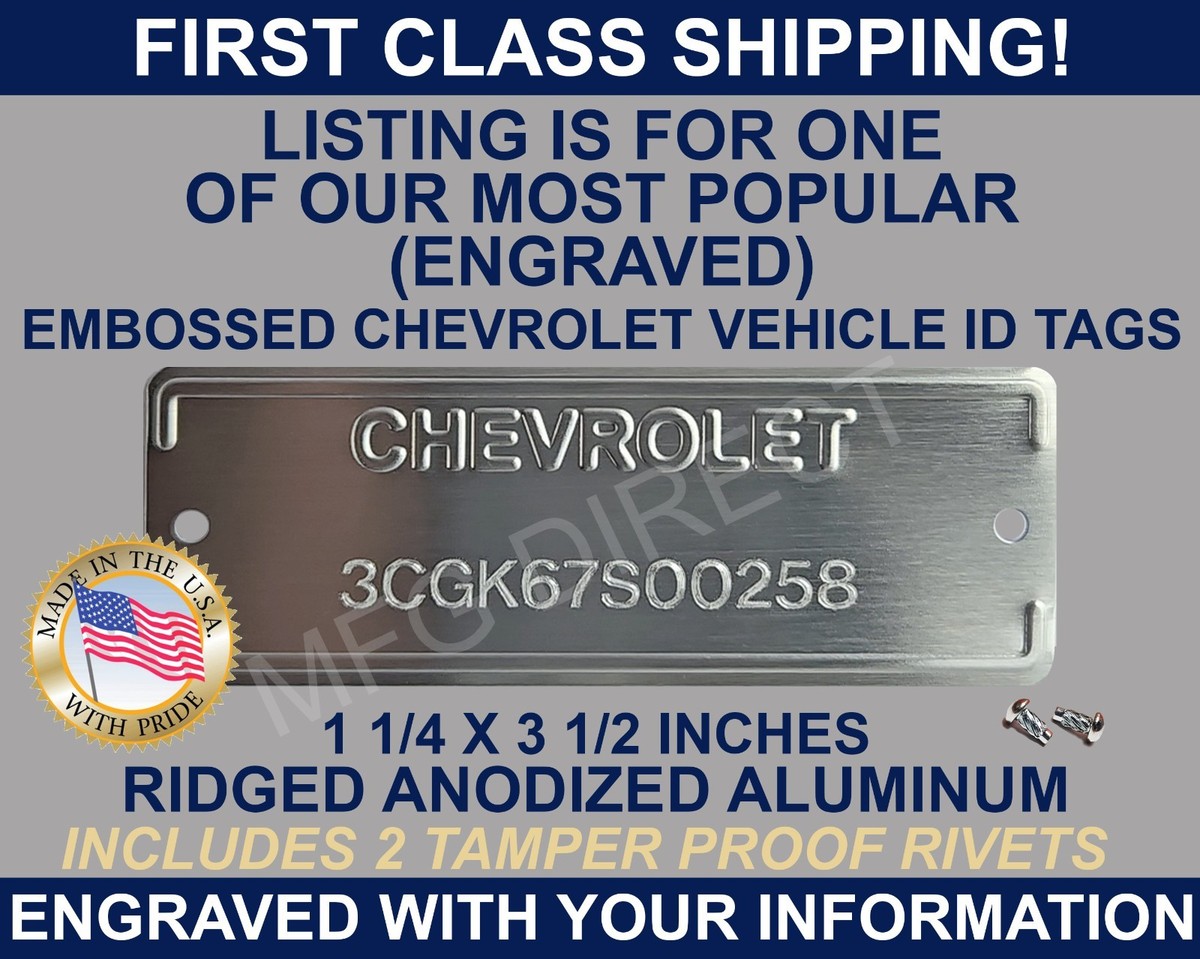 CHEVROLET CHEVY SERIAL NUMBER DOOR DATA ID TAG PLATE ENGRAVED WITH