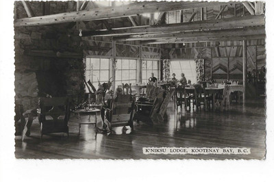 Kootenay Bay BC Canada Postcard K'niksu Lodge Interior c1957