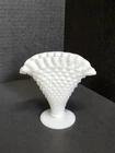 Vintage Fenton Vase White Fan Shaped Hobnail Milk Glass Ruffled Miniature 4"