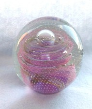 Large Round Paperweight Pink/Purple Colour Swirls & Bubbles 10cm Diameter