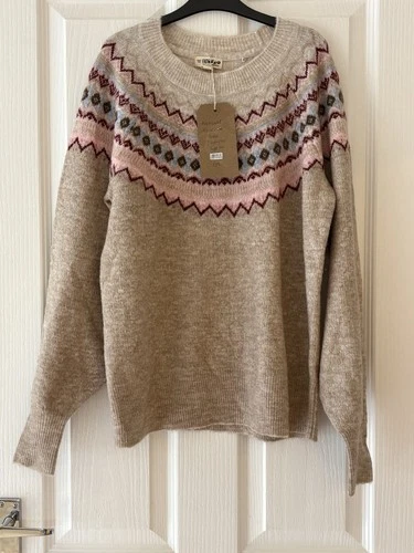 New FatFace size 14 Fair Isle Oatmeal pink pull over jumper with wool