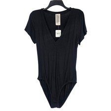 Free People Intimately V-Neck Bodysuit L Black Short Sleeve Casual Layering NWT