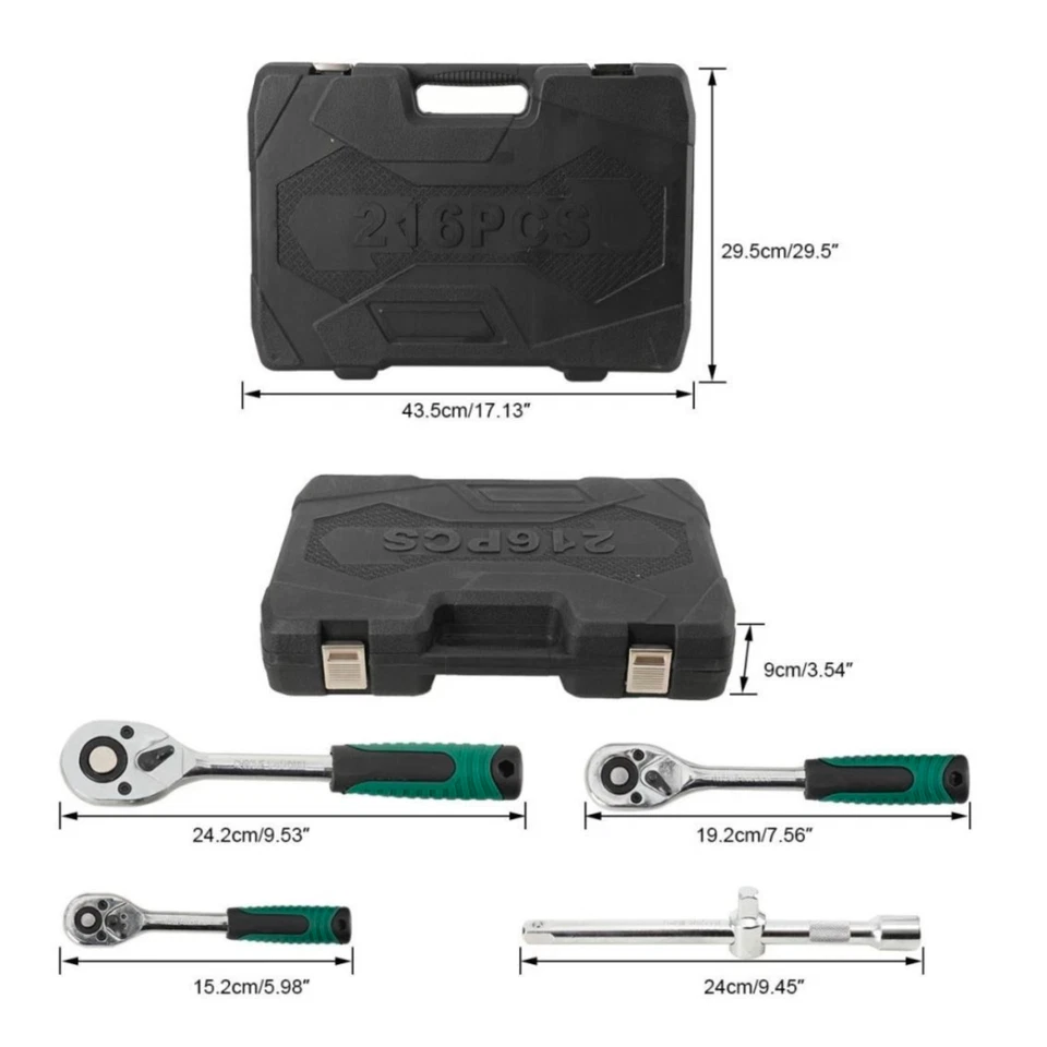 216PCS Socket & Ratchet Wrench Set CR-V Steel 1/4" 3/8" 1/2" Drive Tool Kit - Image 2 of 4