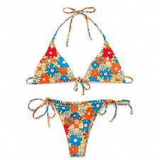 Unbranded Floral Triangle Bikini Set Retro Daisy Print Multicolored Size S