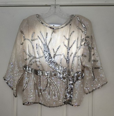VTG Exclusive/Jainsons Int'l Blouse Women M Cream Silver Sequin Silk Lined Top