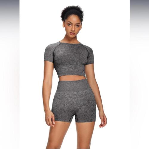 Seamless Yoga Outfits 2 Piece Set Workout Gym Shorts + Short Sleeve Crop Top