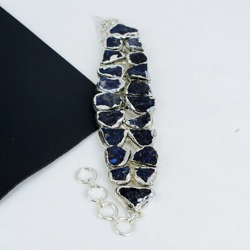 Naturale Crudo Sodalite Gemma Mano 925 Argento Sterling Cinturino a Catena Gifts - Immagine 2 di 4