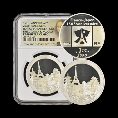 FRANCE. 2008, 1-1/2 Euro, Silver - NGC PF69 - Tokyo, Paris, Japan, Eiffel Tower