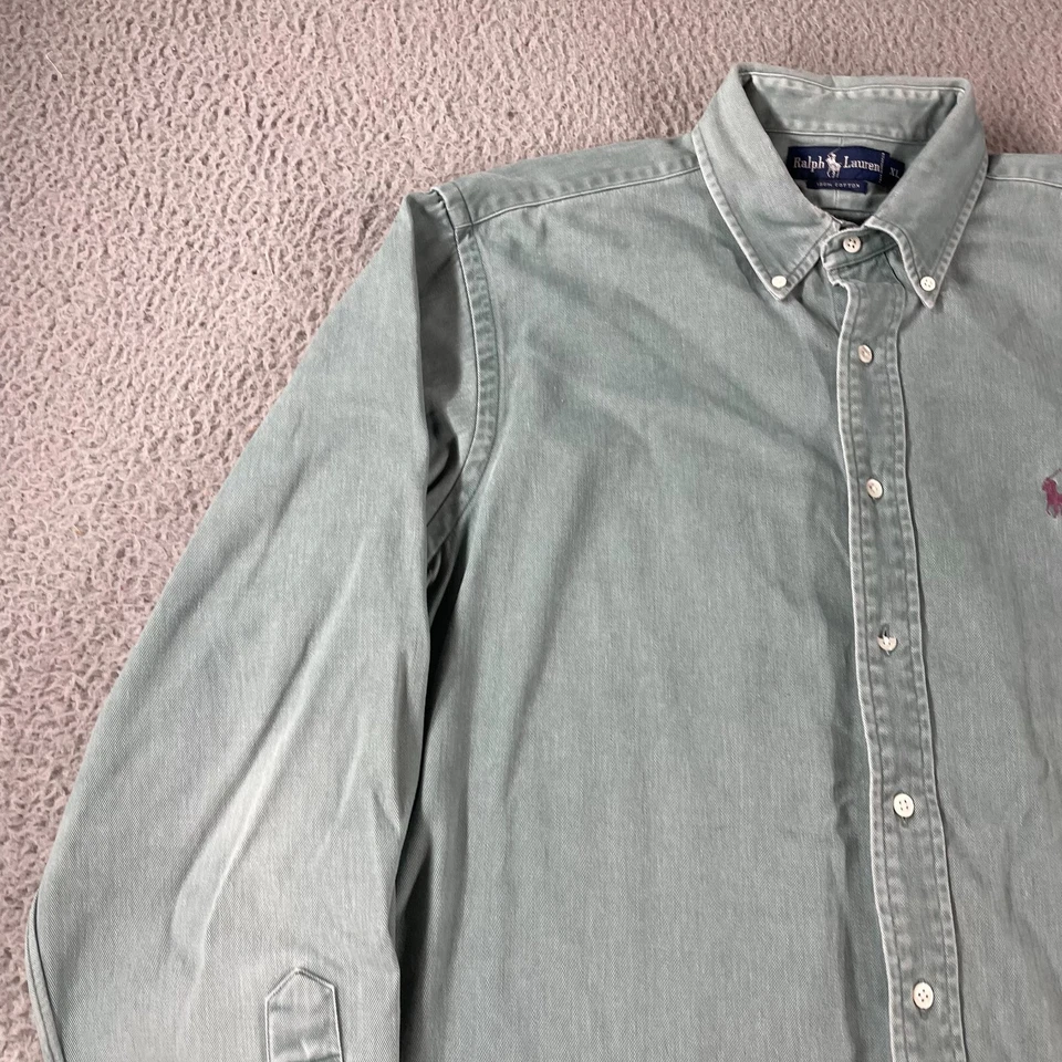 Vintage Ralph Lauren Shirt Mens XL Blue Button Shirt Chambray Pony Broken Button - Image 2 of 4