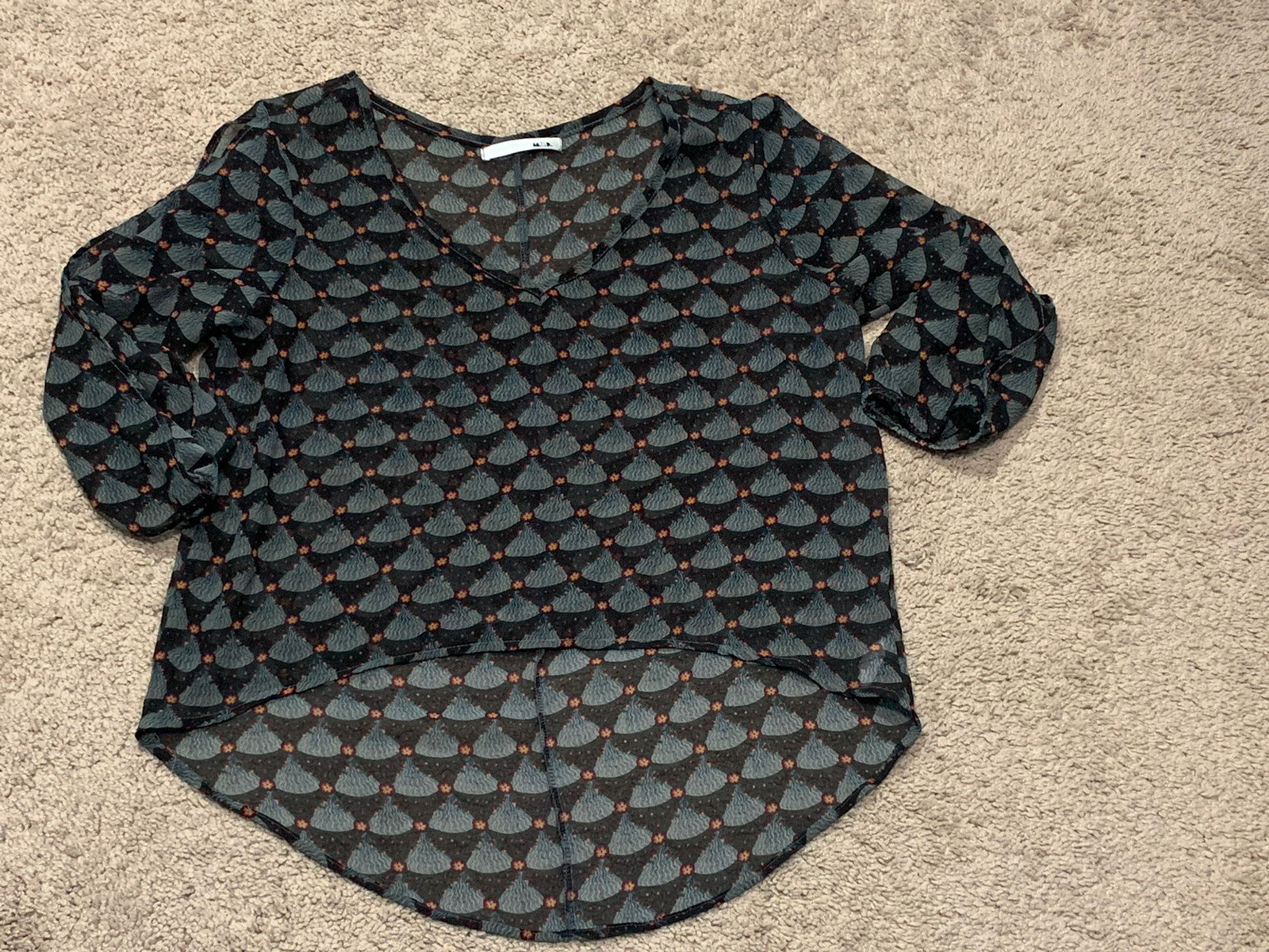 Womens Shirt Size Medium Multicolor Print Sheer High Low Fun Casual  Top