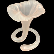 Vintage Frosted Pink Glass Trumpet Vase Hand Blown Spiral Stem 4.5  T 4  W