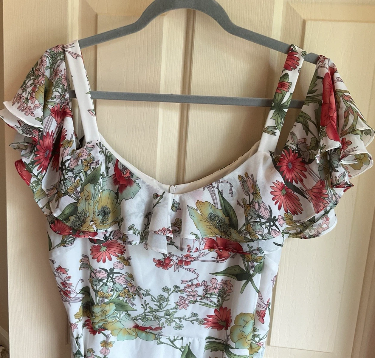 OFF WHITE Abito Bleecker 126 taglia 16 floreale volant trasparente foderato spalle scoperte bianco floreale